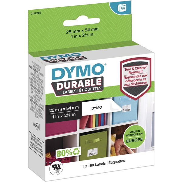 DYMO Authentic LabelWriter Durable Labels | 25mm x 54mm | White Poly | 160 Self-Adhesive Labels | High-Performance | For LabelWriter Label Makers