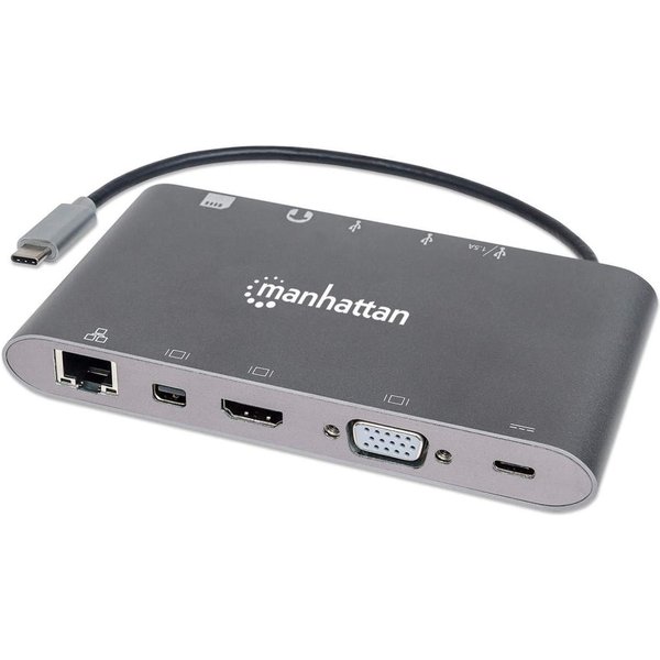 Manhattan USB-C Dock/Hub with Card Reader, Ports (x8): HDMI, Audio 3.5mm, Ethernet, Mini DisplayPort, USB-A (x3) and USB-C, With Power Delivery (60W) to USB-C Port (Note add USB-C wall charger and USB-C cable needed), All Ports can be used at the same tim