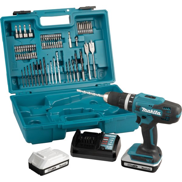 Makita HP488DAEX1 18v G-Series Hammer Drill with 74 Piece Internal Bit Set & 2 x 2.0Ah Batteries, Blue
