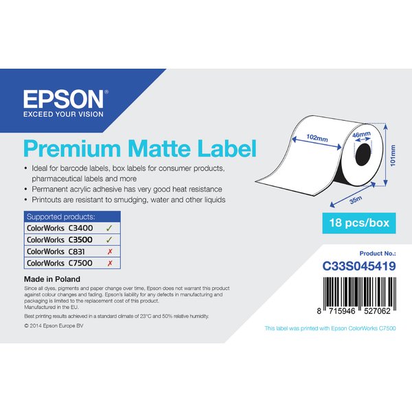 Epson C33S045419 Continous label roll matt Premium 102mm x 35m Pack=1