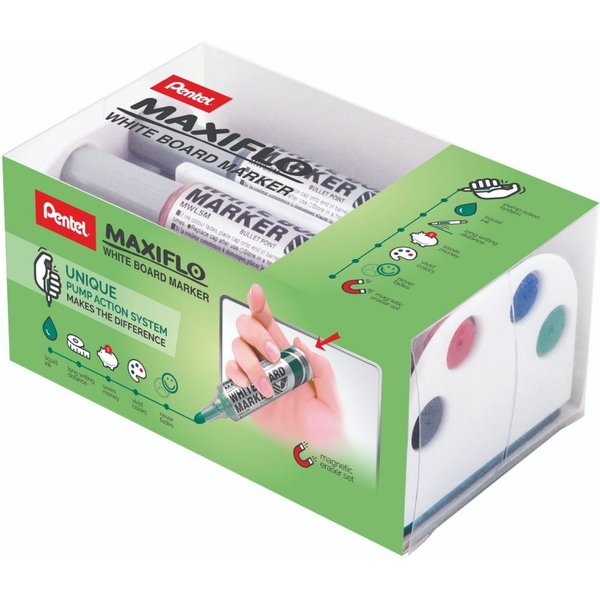 Pentel Maxiflo Whiteboard Marker and Eraser Set Bullet Tip 3mm Line As