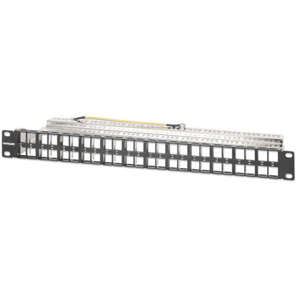 Intellinet 19" 48-Port Shielded Blank Patch Panel 1U Unloaded 19-inch Rackmount Keystone Panel for High-density Installations Removable Cable-Management Bar Black