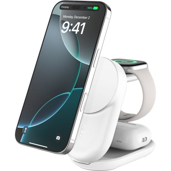 Belkin Qi2 Fitness tracker. Headphones. Smartphone. Smartwatch White U