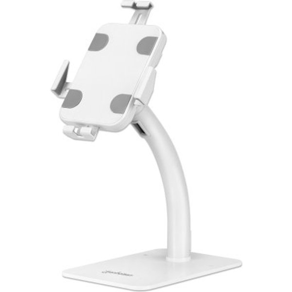 Manhattan Desktop Kiosk Stand (Anti theft) for Tablet and iPad, Universal, 360° Rotation, Tilt +20° to -110°, White, Lockable, Countertop Holder for 7.9" to 11" Tablets, Extendable clamps: height 200 to 246mm/width 129 to 181mm, Lifetime warranty