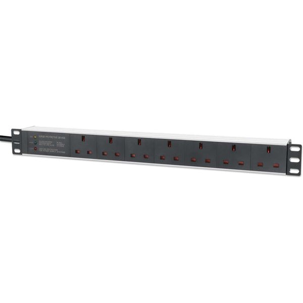 Intellinet 19" 1U PDU 7-way UK Surge Protection Rackmount Power Distribution Unit UK 3-pin outlets 3m power cord output