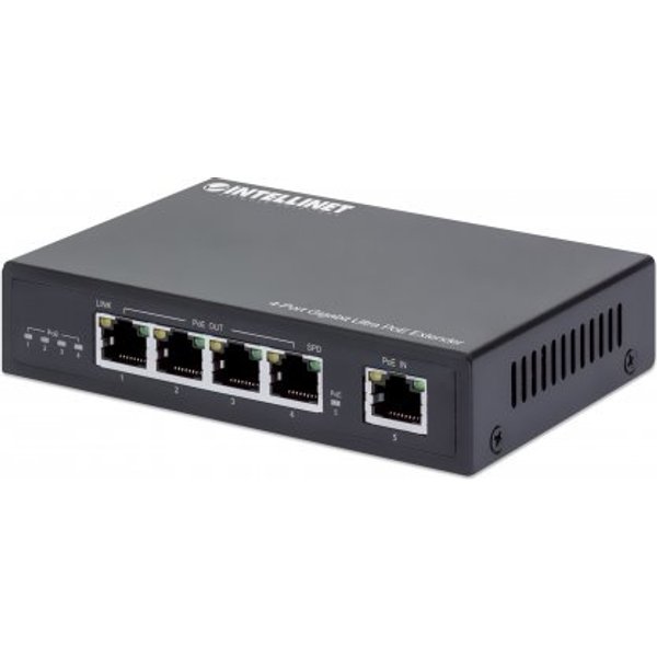 Intellinet 4-Port Gigabit Ultra PoE Extender Adds up to 100 m (328 ft.) to PoE Range 90 W PoE Power Budget Four PSE Ports with up to 30 W Output IEEE 802.3bt/at/af Compliant Metal Housing