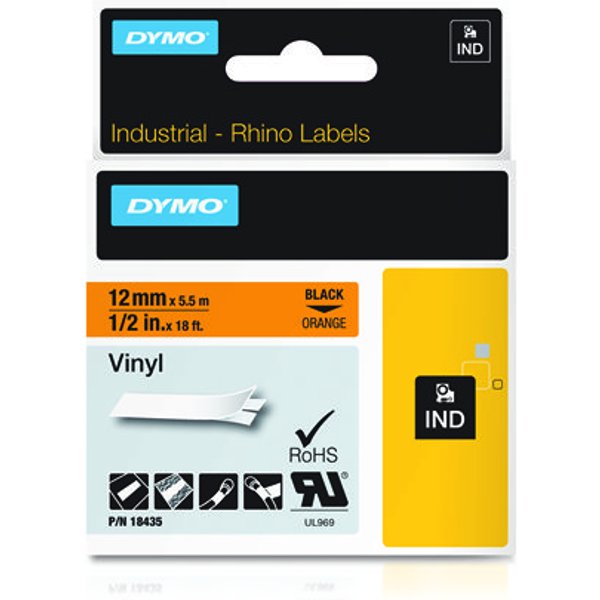 Dymo 18435/S0718490 Ribbon Vinyl black on orange 12mm x 5.5 m for Dymo