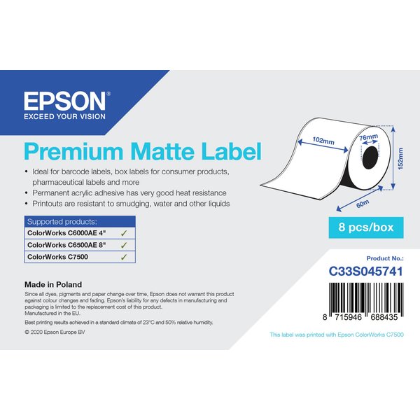 Epson Premium Matte Label - Continuous Roll: 102mm x 60m Self-adhesive printer label Continuous label Inkjet Acrylic Permanent Matte