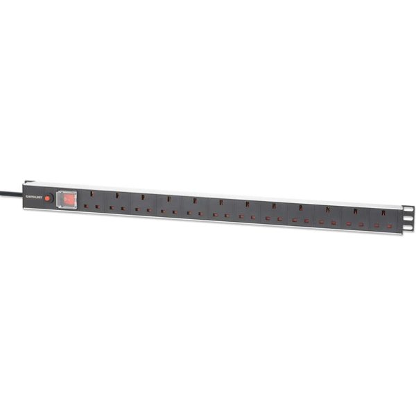 Intellinet 19" 1U PDU 12-way UK Vertical type With switch and overload protection Rackmount Power Distribution Unit UK 3-pin outlets 1.8m power cord output