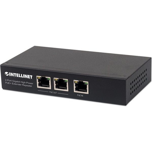 Intellinet 2-Port Gigabit High-Power PoE+ Extender Repeater IEEE 802.3at/af Power over Ethernet (PoE+/PoE) metal Cat5 Cat5e 2048 entries IEEE 802.3 IEEE 802.3ab IEEE 802.3af IEEE 802.3at IEEE 802.3u Black Metal FCC Class A CE