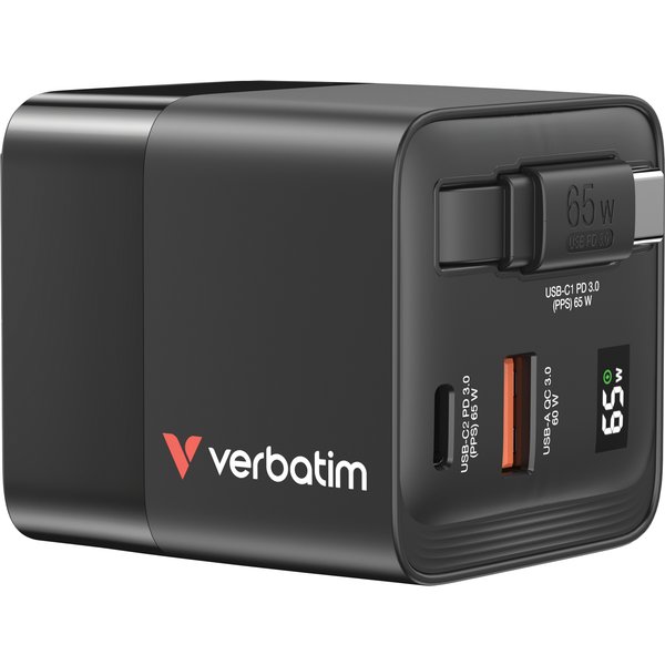 Verbatim GaN Charger 65W 2 Port retractable cable display US plugs wit