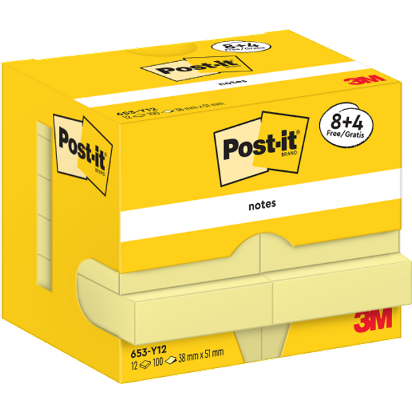 Post-It Pack of 8 Notes Canary Yellow 38x51mm 100 Sheets (+4 Free)