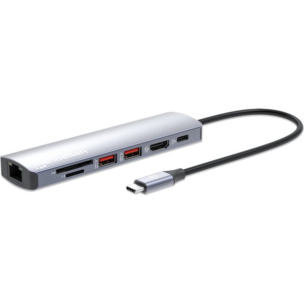 Manhattan USB-C Dock/Hub with Card Reader, Ports (x5): Ethernet, HDMI, USB-A (x2) and USB-C, With Power Delivery (100W) to USB-C Port (Note additional USB-C wall charger and USB-C cable needed), USB 3.2 Gen 1, All Ports can be used at the same time, Unive