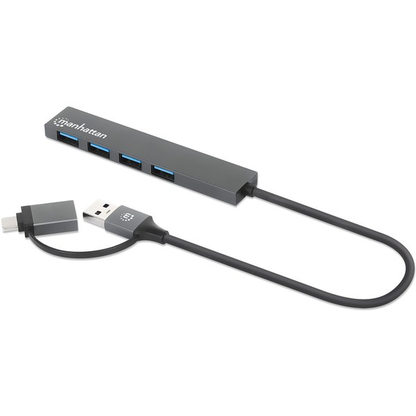 Manhattan USB-C & USB-A Combo Dock/Hub, Ports (4): USB-A (x4), 5 Gbps (USB 3.2 Gen1 aka USB 3.0), External Power Supply Not Needed, Universal for all devices, Cable 25cm, SuperSpeed USB, Black, Three Year Warranty