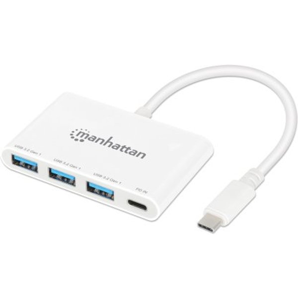 Manhattan USB-C Dock/Hub, Ports (4): USB-A (x3) and USB-C, 5 Gbps (USB 3.2 Gen1 aka USB 3.0), With Power Delivery (100W) to USB-C Port (Note additional USB-C wall charger and USB-C cable needed), Universal for all devices, SuperSpeed USB, White, PD
