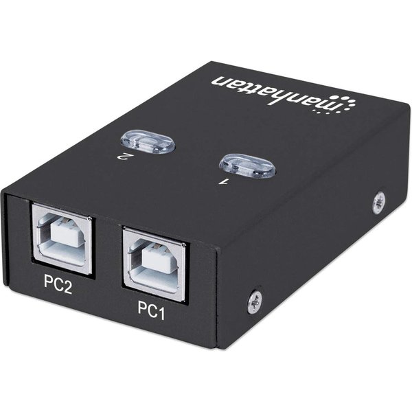 Manhattan USB-A Automatic Sharing Switch, 2x USB-B Ports, 480 Mbps (USB 2.0), Dual Control (Auto-Sensing or Manual), Bus Powered, Hi-Speed USB, inc 1x 1.5m USB-A to USB-B cable, Black, Three Year Warranty