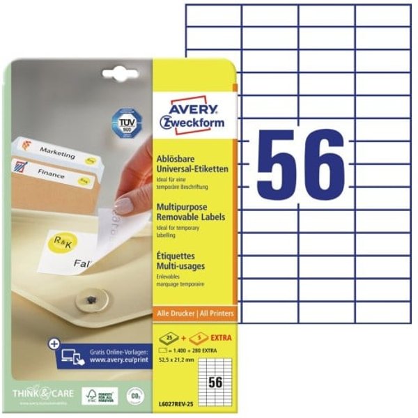 Avery L6027REV-25 self-adhesive label Rectangle Removable White 1680 p
