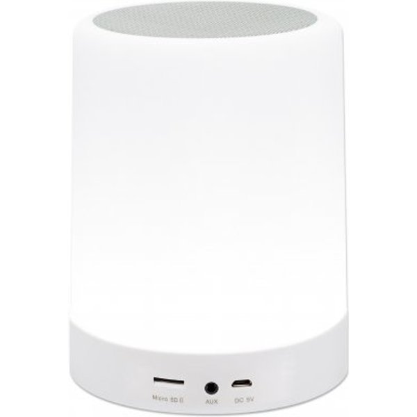 Manhattan Sound Science Bluetooth Speaker, 5 hour Playback time, Range 10m, microSD card reader (32GB), Aux 3.5mm connector, Output 3W, USB-A charging cable included, 1200mAH battery, Bluetooth v5, Built-in hanger, White, 3 Year Warranty