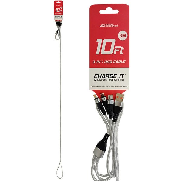 AdvancedAccessories CHARGE-iT Premium 3 Metre 3in1 USB Cable Lightning