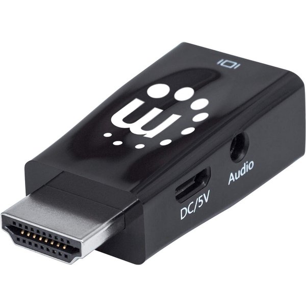 Manhattan HDMI to VGA (with Audio) Converter, 1080p, Male to Female, Micro-USB Power Input Port for additional power if needed, Black, Three Year Warranty