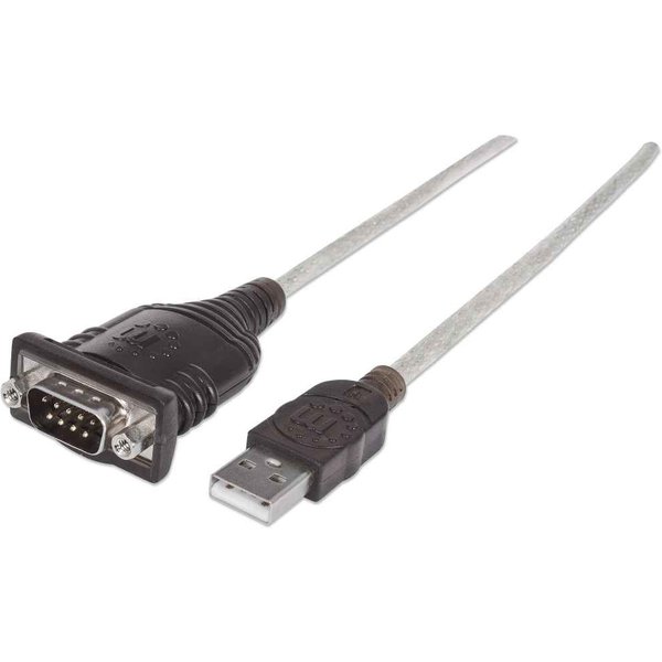 Manhattan USB-A to Serial Converter cable, 1.8m, Male to Male, Serial/RS232/COM/DB9, Prolific PL-2303RA Chip, Black/Silver cable, Three Years Warranty