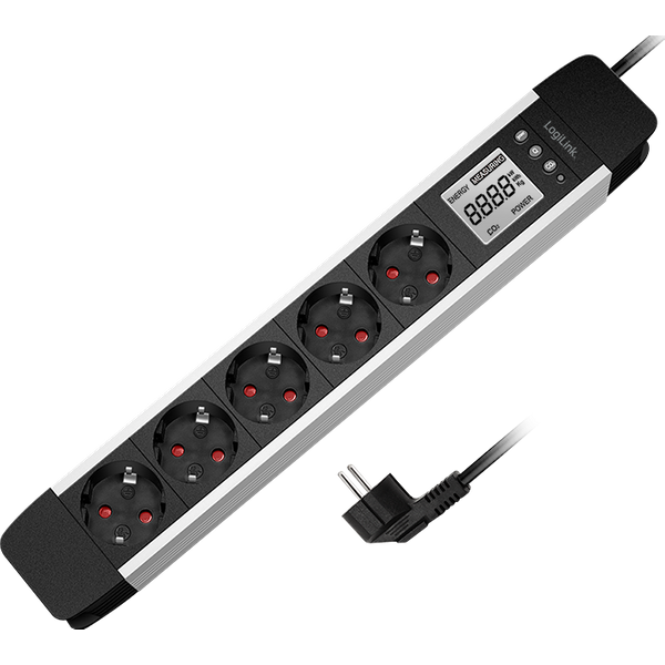 LogiLink Outlet Strip. 5 safety sockets. w/ power meter. aluminum