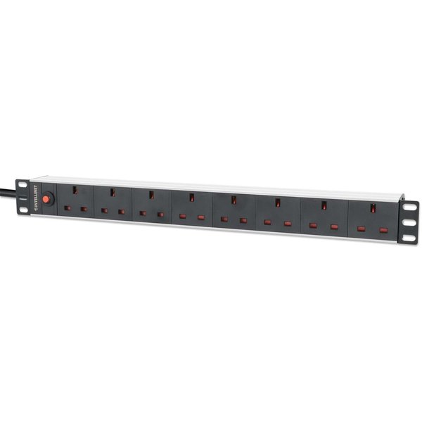 Intellinet 19" 1U PDU 7-way UK Overload Protection Rackmount Power Distribution Unit UK 3-pin outlets 3m power cord output