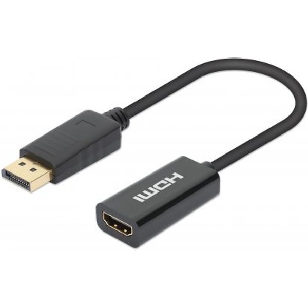Manhattan DisplayPort 1.2 to HDMI Active Adapter, 4K@60Hz, 15cm, Male to Female, DP With Latch, Black, Not Bi-Directional, Three Year Warranty, Equivalent to DP2HD4K60S