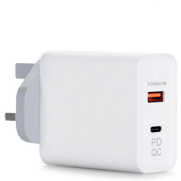 FDL 2 PORT 1X USB A QC3 & 1 X USB-C PD MAINS CHARGER 45W - WHITE