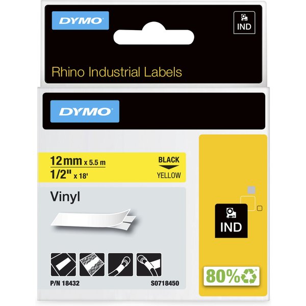 Dymo 18432/S0718450 Ribbon Vinyl black on yellow 12mm x 5.5m for Dymo