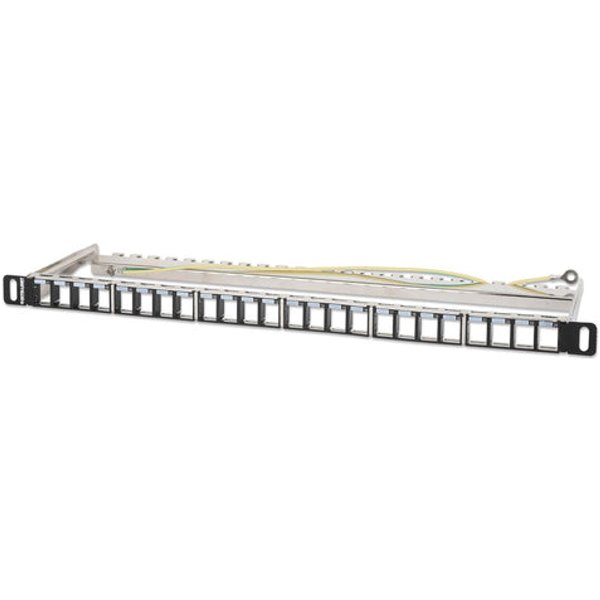 Intellinet 19" 24-Port Shielded Blank Patch Panel 0.5U Unloaded 19-inch Rackmount Keystone Panel for High-density Installations Removable Cable-Management Bar Black