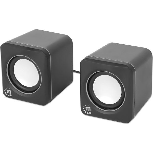 Manhattan 2600 Series Speaker System, Two Speakers, Black/Silver, USB for Stereo Audio and Power, Output: 2x 3W, Decent Sound, Integrated rotary volume control, USB-C/USB-A Adapter, Cable 1.4m, Three Year Warranty