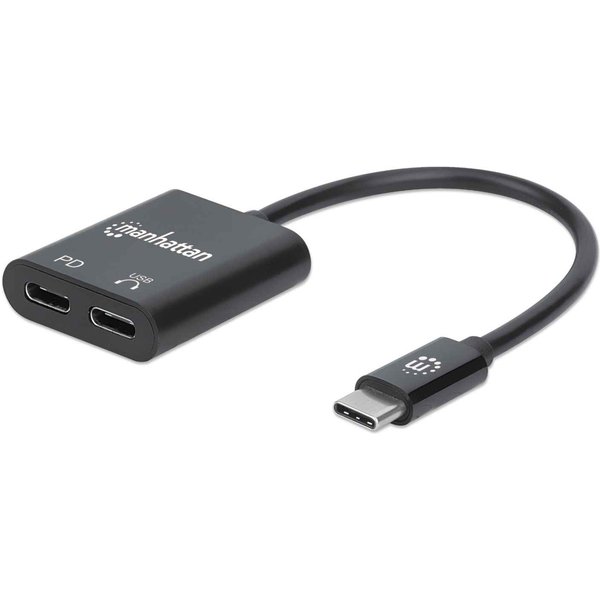 Manhattan USB-C to USB-C Audio Adapter and USB-C (inc Power Delivery), Black, 480 Mbps (USB 2.0), Cable 11cm, With Power Delivery to USB-C Port (60W), Three Year Warranty
