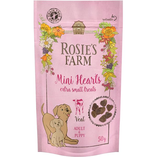 5x50g Adult & Puppy "Mini Hearts" Kalf Rosie's Farm Hondensnacks