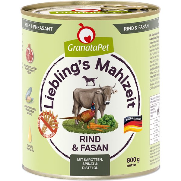 6x800g GranataPet Lievelingsmaaltijd Rund & Fazant met Wortelen, Spinazie & Saffloerolie Hondenvoer