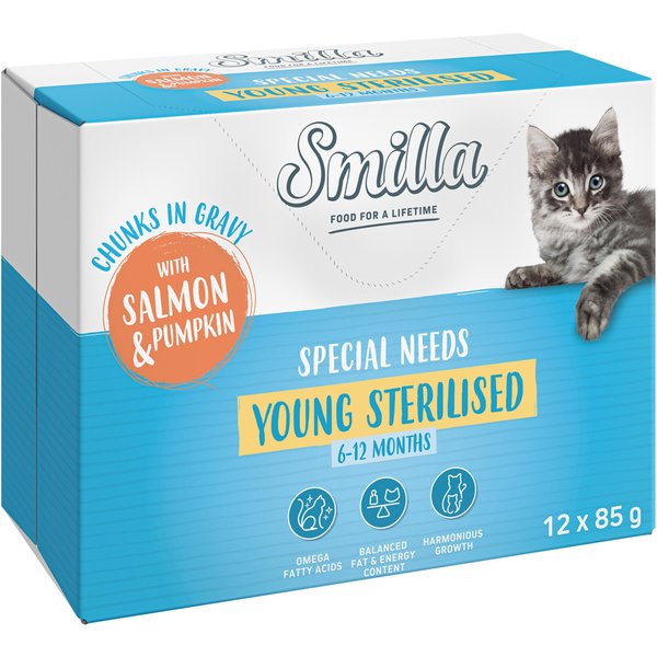 Smilla Young Sterilised Pedaços em molho com legumes - Salmão e abóbora (12 x 85 g)