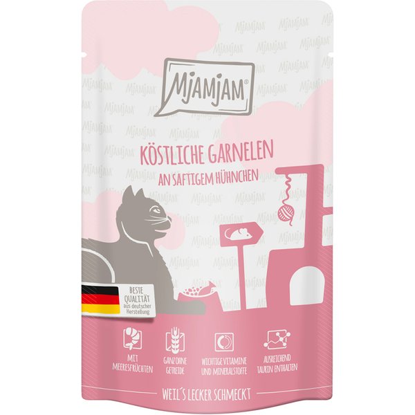 12x125g MjAMjAM Quetschie Heerlijke garnalen met sappige kip kattenvoer nat