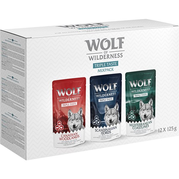 12x125g "Triple Taste" Mixpakket (3 Smaken) Wolf of Wilderness Hondenvoer