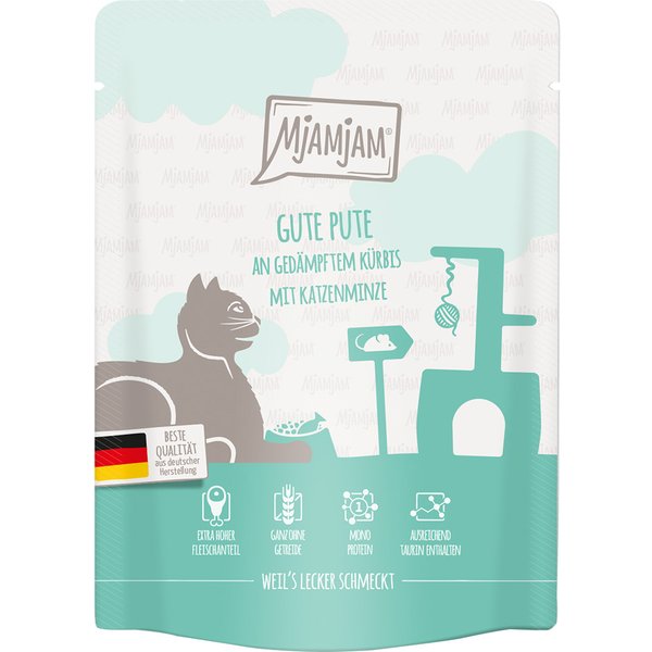6x 300g MjAMjAM Squeeze goede kalkoen op gestoomde pompoen kattenvoer nat