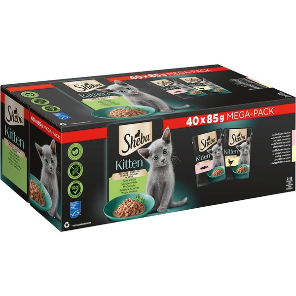 40 x 85 g Sheba Kitten soorten Maaltijdzakjes Fijne afwisseling in saus (zalm, kip) nat kattenvoer