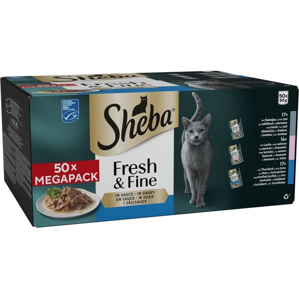 Sheba Fresh & Fine en bolsitas 50 x 50 g - Pack mixto - con bacalao, salmón y atún en salsa