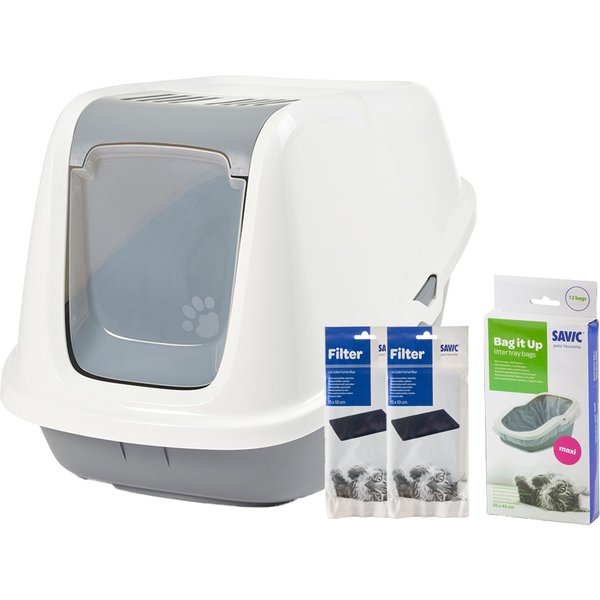 - Lichtgrijs / Wit - Combi Deal: Savic Kattenbak Nestor + 2 stuks vervangingsfilter + Savic Bag it Up Litter Tray Bags