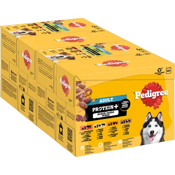 Voordeelpakket: 24x85g Pedigree Adult Frischebeutel Protein Plus in Gelee 4 Varietäten Hundefutter nass