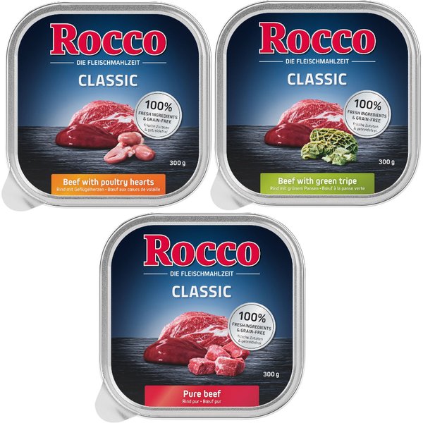 Rocco 9 x 300 g - Pack de degustação misto - Classic Mix 1: Vaca pur, tripa, corações de aves
