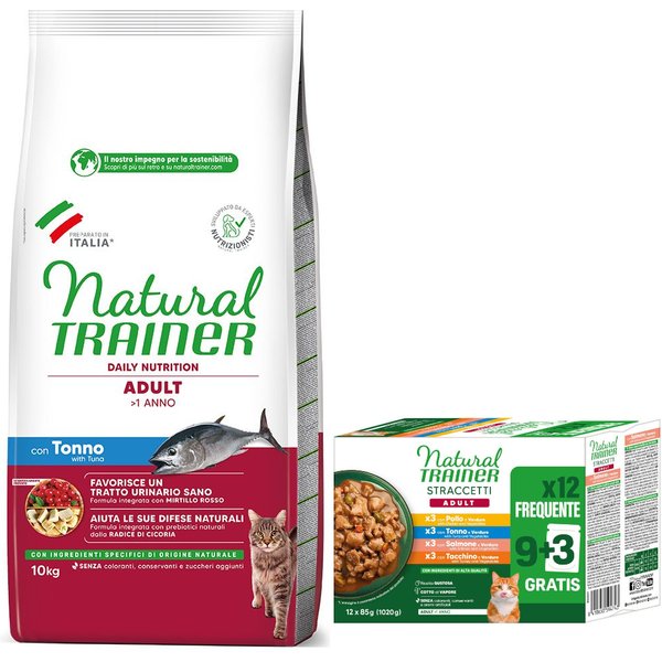 10 kg Natural Trainer droogvoer + 12 x 85 g Natural trainer strips natvoer voor katten gratis! - Adult Tonijn 10 kg + Reepjes in Saus Gemengd pakket (kip, zalm, tonijn, kalkoen 12 x 85 g