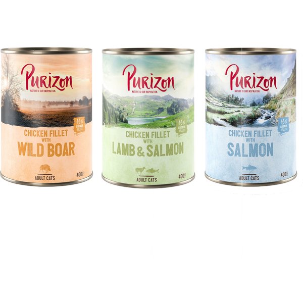 Purizon Adult 6 x 400 g - sem cereais - Pack misto (2 x javali, 2 x salmão, 2 x cordeiro)