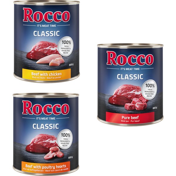 Pack de prueba: Rocco Classic 6 x 800 g - Mix Top ventas: vacuno puro, vacuno y corazones de ave, vacuno y pollo