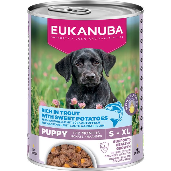 Voordeelpakket: 24x400g Eukanuba Puppy Rijk aan forel met zoete aardappel natvoer voor honden