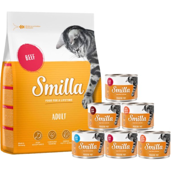 Pack nutrición mixta: pienso 4 kg + latas 6 x 200 g Smilla - 4 kg Adult con vacuno + 6 x 200 Tiernos Trocitos de ave pack mixto
