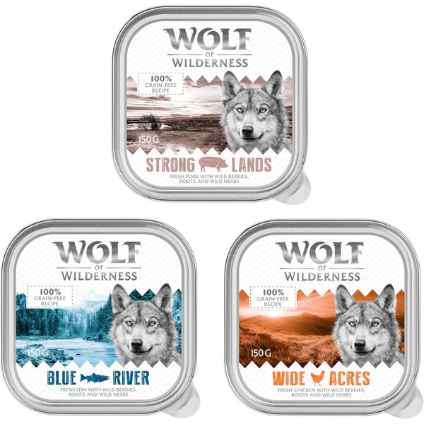24x150g Adult Bowl Mix Pack: Kip, Vis, Varkensvlees Wolf of Wilderness natvoer voor honden.